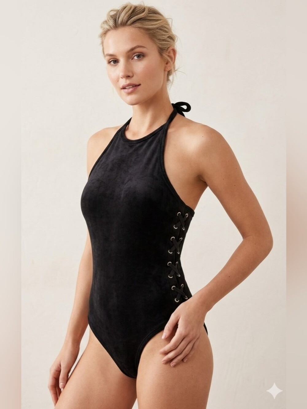 New + Tag Juicy Couture Small Black Velour Bodysuit Cut Out Strapy 1 Piece Y2K